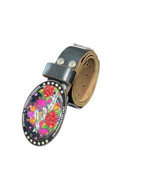 Ed Hardy by Christian Audigier Leather Belt Size S Tattoo Floral Rhinestone Y2K